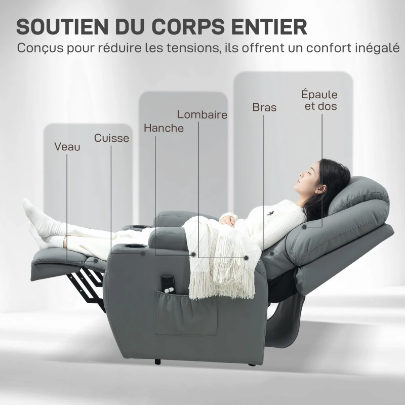HOMCOM Fauteuil releveur électrique avec repose-pied dossier inclinable télécommande poches latérales et porte-gobelet gris(m-6)