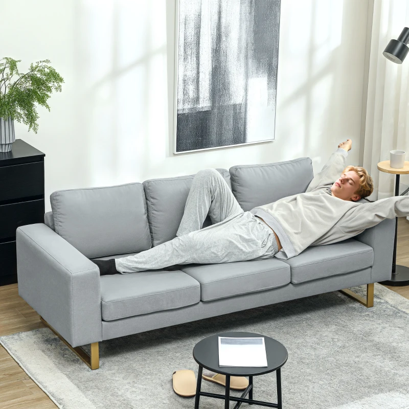 HOMCOM 3-Sitzer-Sofa, Couch mit Vollholzrahmen, Metallbeine, schlichtes Design, Hellgrau(m-7)