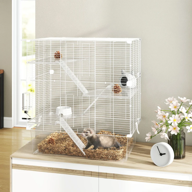 PawHut Gabbia per Roditori Multilivello con Accessori Inclusi, in Acciaio, PET e PS, 73x47x80 cm, Bianco