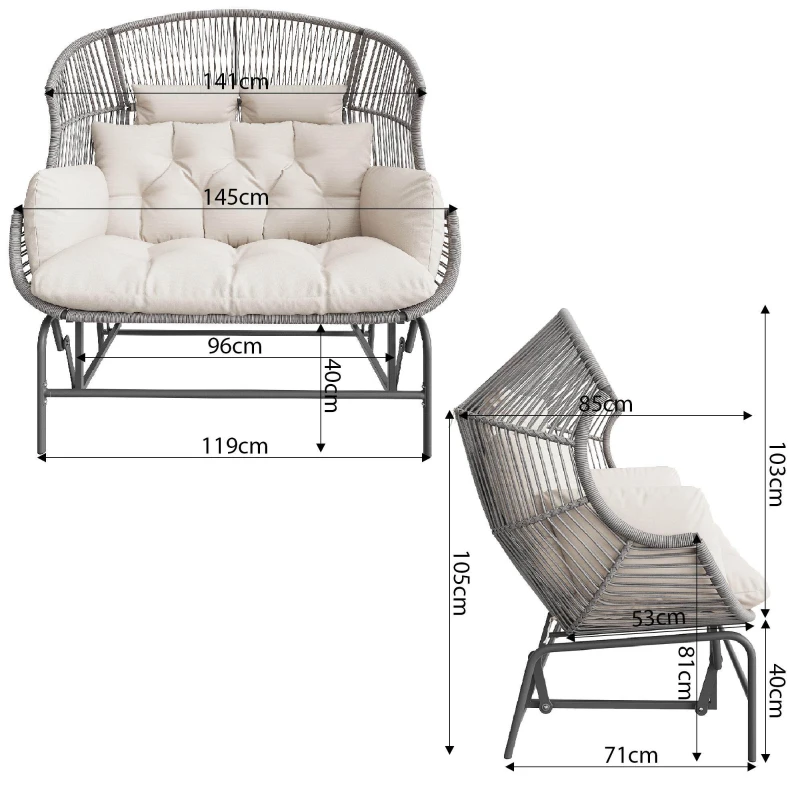 Fauteuil à bascule de jardin pour deux personnes,  fauteuil de jardin, 145×85×143 cm, Gris
