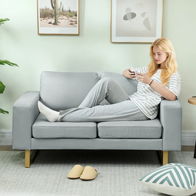 HOMCOM 2-Sitzer-Sofa, Couch mit Vollholzrahmen, Metallbeine, schlichtes Design, Hellgrau(m-7)