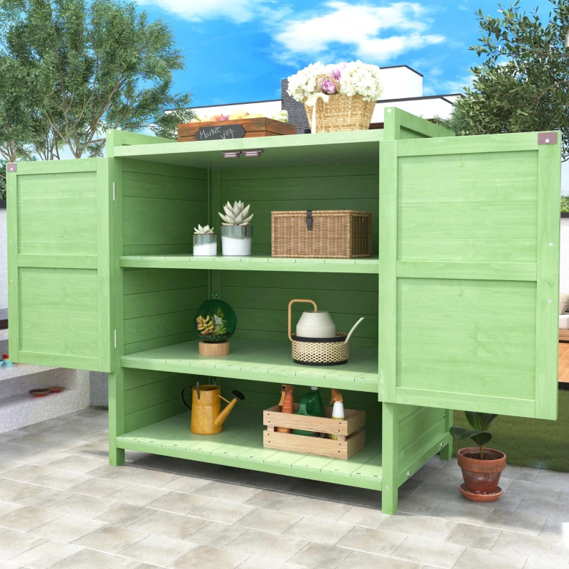 Armadio da giardino in legno, armadio per attrezzi con tre scomparti, 87,7×40×70,2 cm, Verde