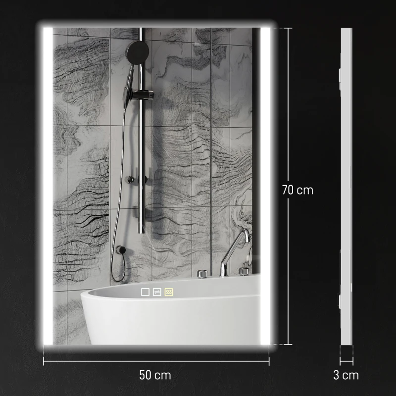HOMCOM Specchio da Bagno con Luce LED a 3 Colori e Funzione Memory, in Vetro Temperato, 70x50x3 cm, Argento