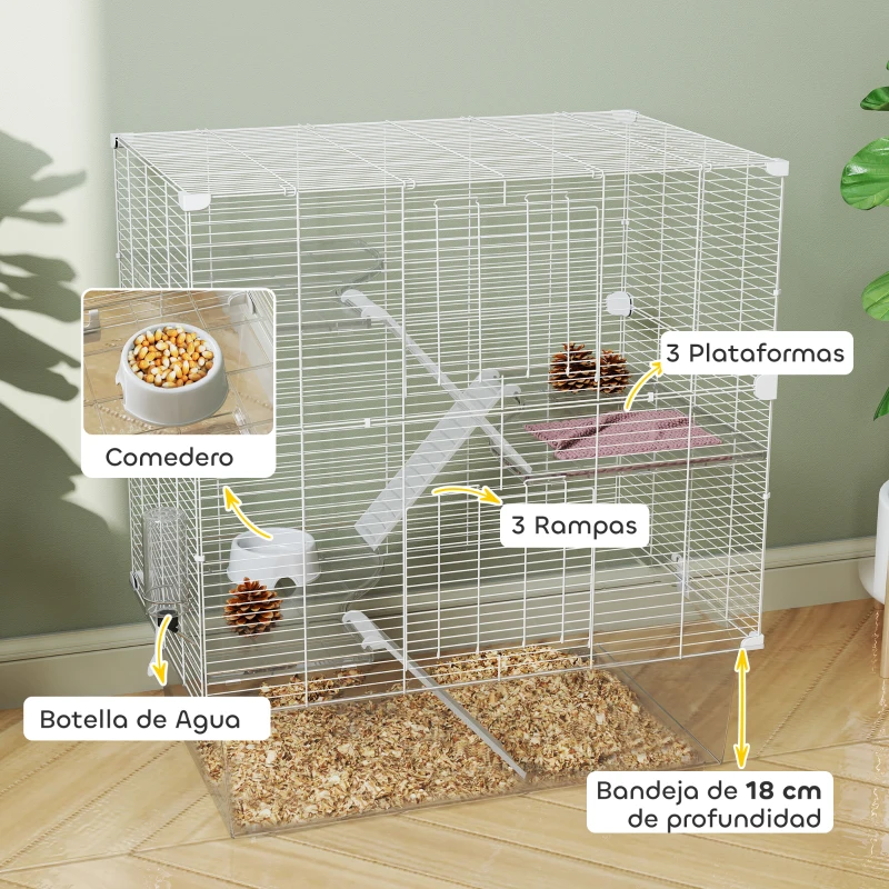 PawHut Jaula para Animales Pequeños con Múltiples Niveles Bandeja y Accesorios Incluidos 73x47x80 cm Blanco