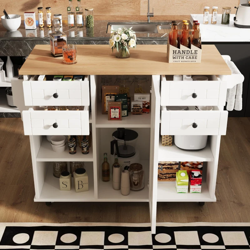 Îlot de cuisine moderne, espace de rangement multifonctionnel, 127×46×91,5 cm, Blanc