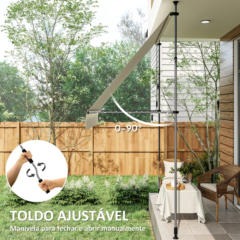 Outsunny Toldo Manual Retráctil 2x1,2 m Toldo Exterior Enrolável Altura Ajustável com Manivela 210-310 cm Proteção UV30+ Creme