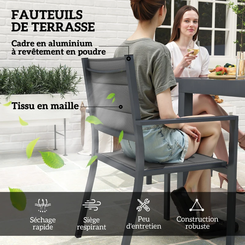 Outsunny Salon de jardin en aluminium et textilène table extensible 4 chaises empilables 4 personnes gris