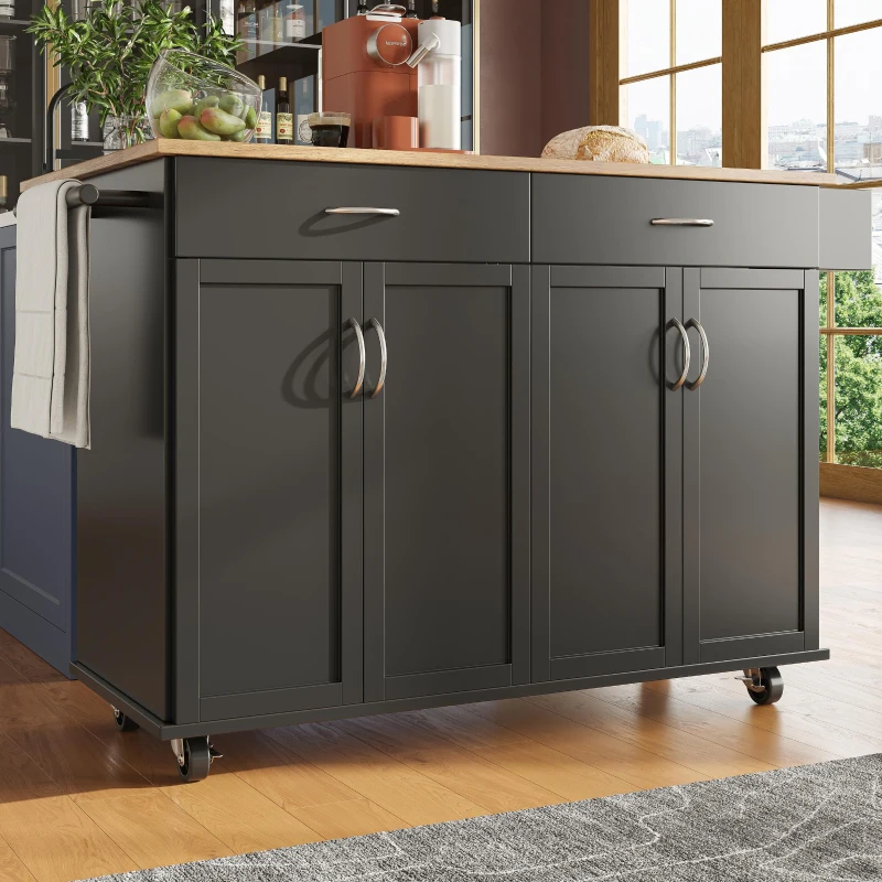Îlot de cuisine moderne avec plateau de travail rabattable, espace de rangement multifonctionnel et roulettes, 106x50x90,5 cm, Noir