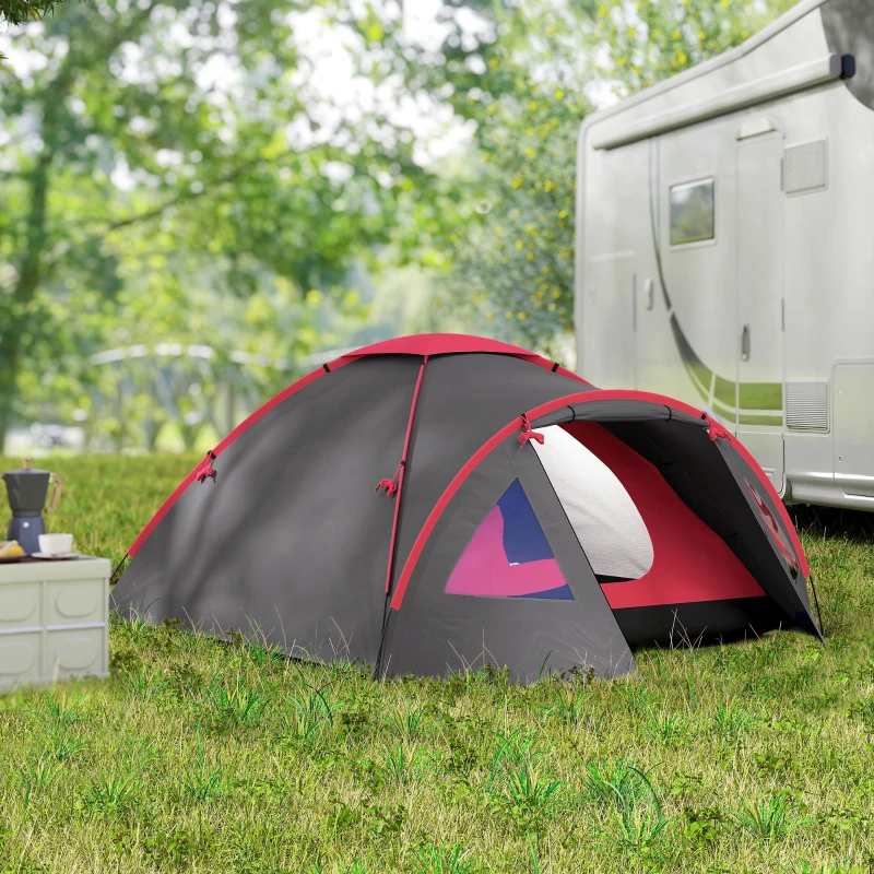 Outsunny Campingzelt für 3 Personen leicht, stabil wasserdicht UV 50+ mit Vordach Tür Fenster, Bodenplane Grau(m-9)