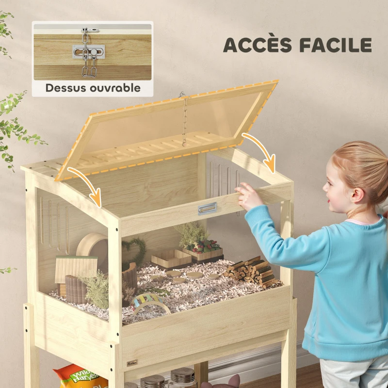 PawHut Cage à hamster en bois surélevée avec plateau de rangement couvercle ouvrable 83,2 x 50 x 103 cm effet bois naturel
