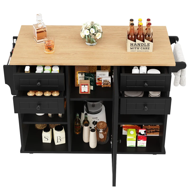 Îlot de cuisine moderne, espace de rangement multifonctionnel, 127x46x91,5 cm, Noir