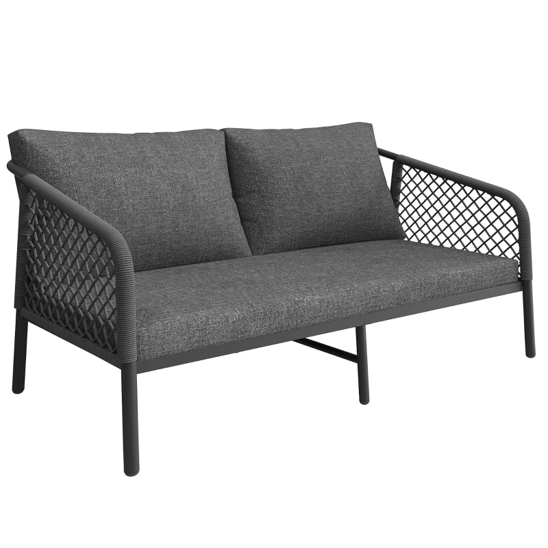 Set da giardino, Set di divani da esterno moderno con piano del tavolo in vetro e cuscini di seduta e schienale, Grigio