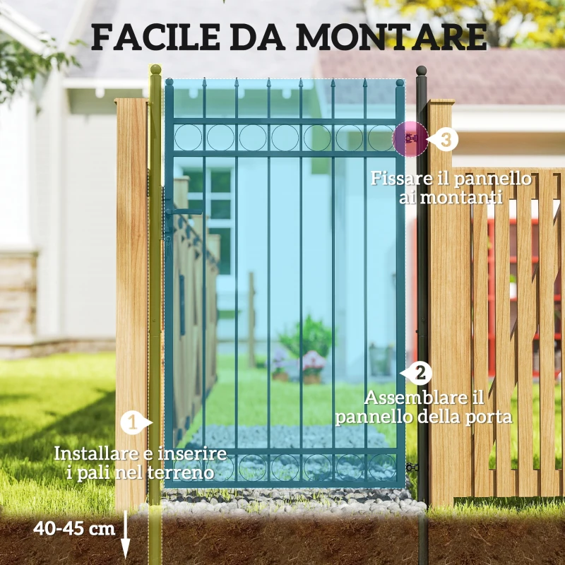 Outsunny Cancello Giardino a 2 Paletti con Maniglia, Lucchetto e 3 Chiavi, in Acciaio Zincato, 105x204 cm, Nero