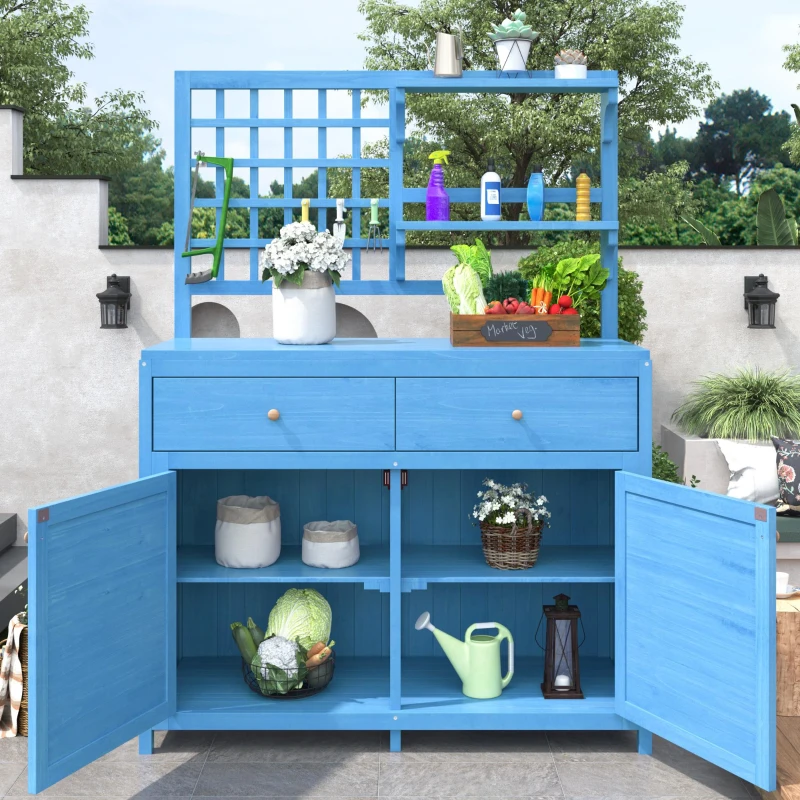 Armario de Jardín de Madera con Estantes Armario Exterior Multifuncional con Encimera Abierta 141,5x44x105 cm Azul