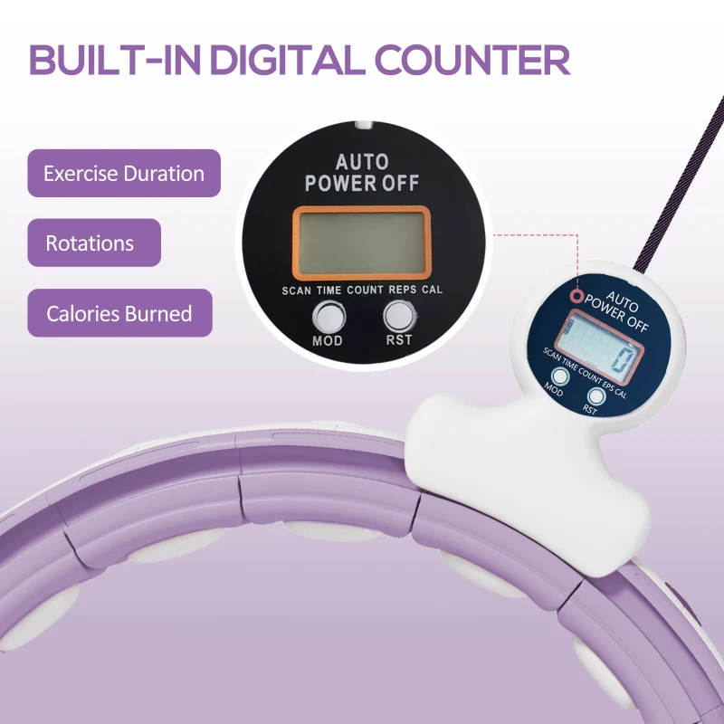 SPORTNOW Smart Weighted Hula Hoop, Massage Hula Ring w/ 16 Detachable Knots, 360° Auto-Rotating Ball, Digital Counter, Purple