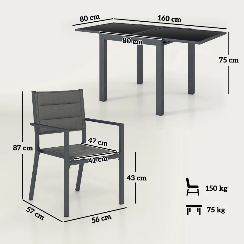 Outsunny Salon de jardin en aluminium et textilène table extensible 4 chaises empilables 4 personnes gris