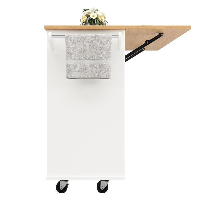 Insulă de bucătărie cu blat de lucru reglabil și spațiu de depozitare, Cărucior pliabil, 120x42x91,5 cm, Alb