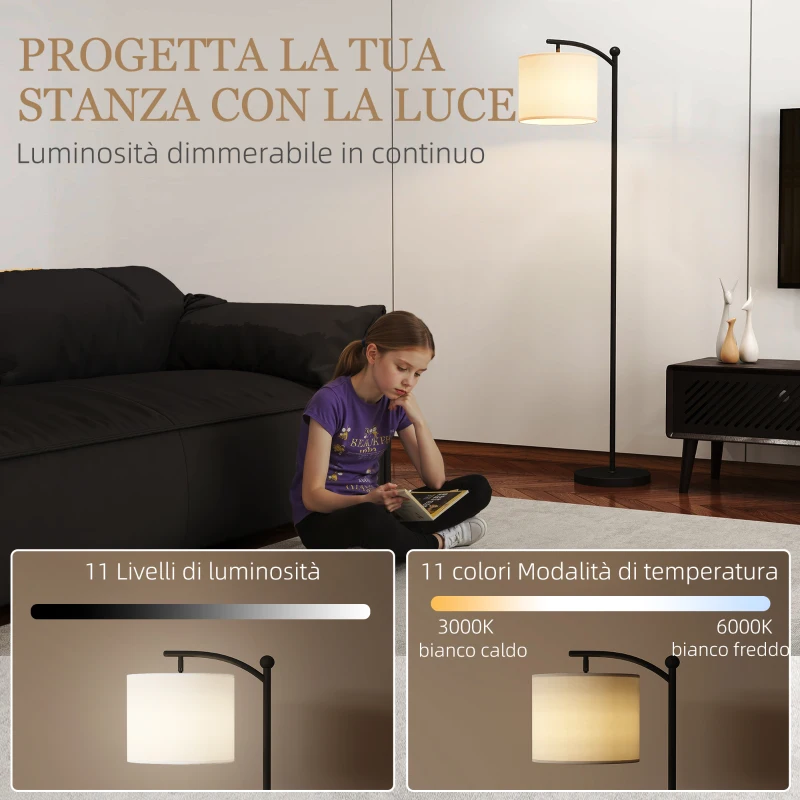 HOMCOM Lampada da Terra LED Dimmerabile con Telecomando, 11 Temperature e 11 Luminosità, Timer 60 Minuti, Nero