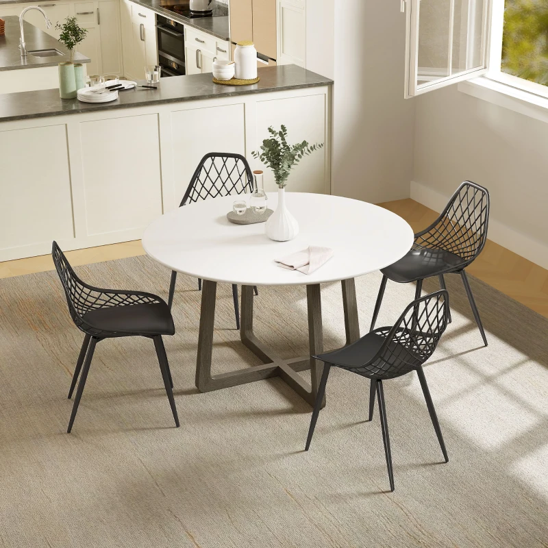 HOMCOM Set 4 Sedie da Pranzo Moderne con Schienale Traforato in Plastica e Gambe in Metallo, Nero