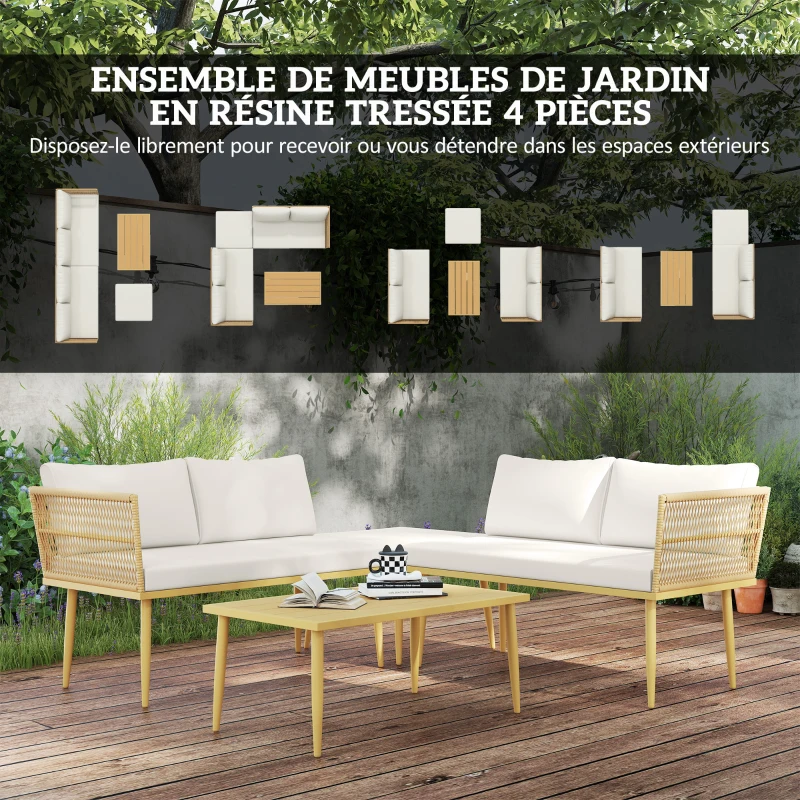 Outsunny Salon de jardin extérieur en résine tressée 5 places modulable 2 canapés, pouf et table basse, coussins inclus, crème