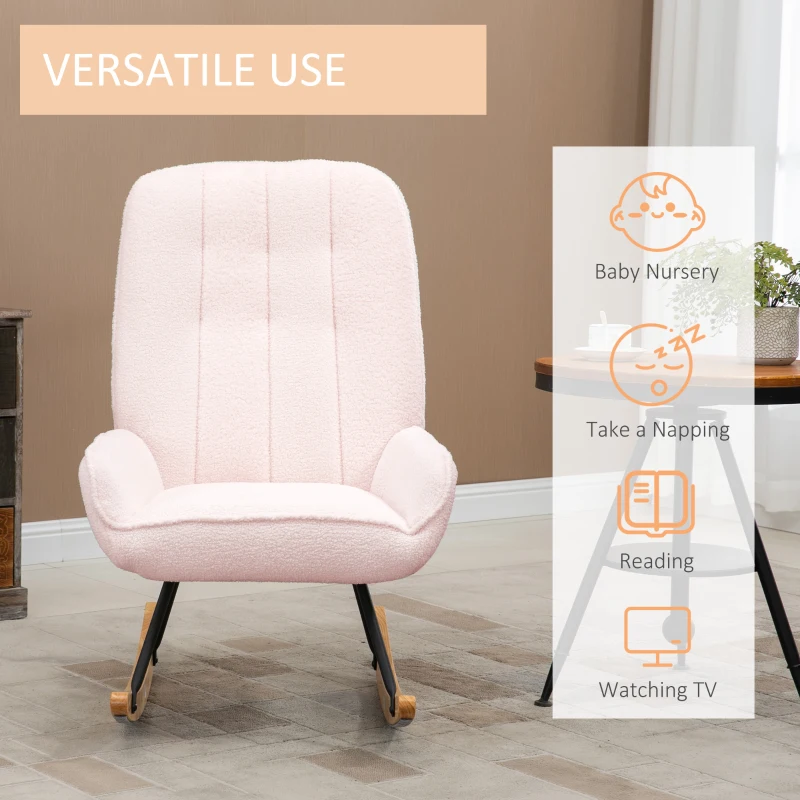 HOMCOM Schommelstoel Modern Design Schommelstoel, Sherpa Fleece, Gestikt, 63 cm x 95 cm x 97 cm Natuur + Roze