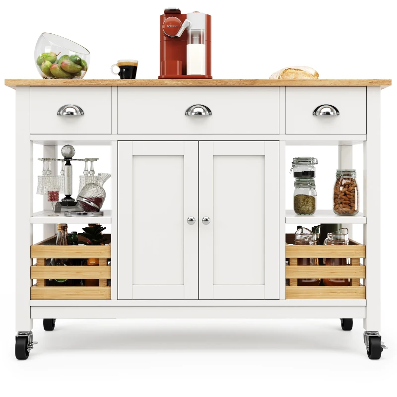 Isola da cucina moderna con lati pieghevoli, spazio di conservazione multifunzionale, 120×45×90 cm, Legno naturale e Bianco