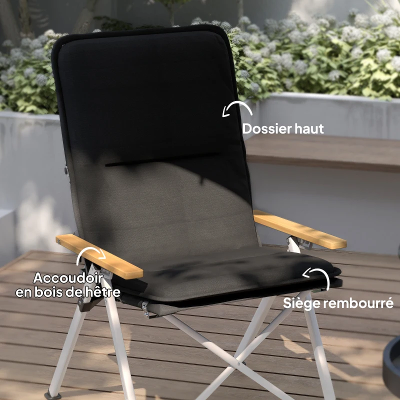 Outsunny Chaise de camping chaise de pêche pliante, dossier haut, coussin amovible et sac de transport, 59x67x96cm, noir