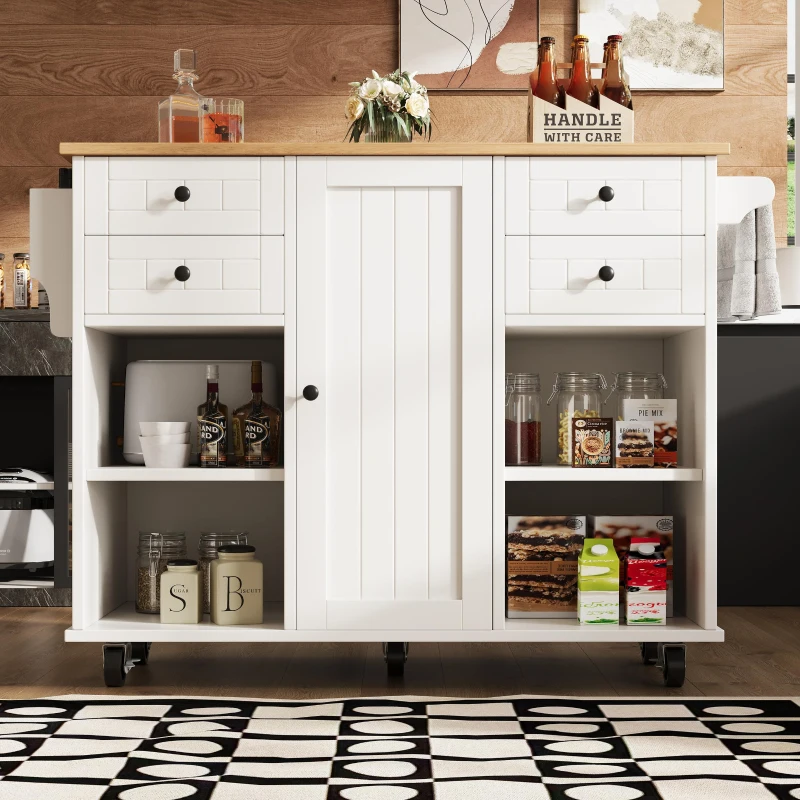 Îlot de cuisine moderne, espace de rangement multifonctionnel, 127×46×91,5 cm, Blanc