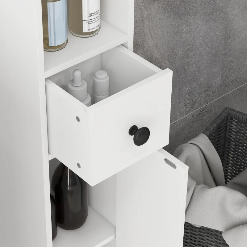 kleankin Mobile Colonna Bagno con Cassetto, 2 Armadietti e 4 Ripiani Aperti, in Legno, 20x20x180 cm, Bianco