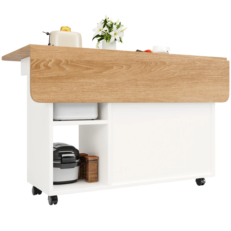 Îlot de cuisine moderne, chariot de service multifonctionnel avec espace de rangement et armoires à porte vitrée, 120×30×79,5 cm, Naturel, Argent + Gris, Blanc