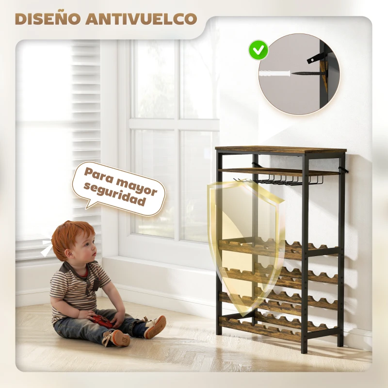 HOMCOM Botellero Vino para 24 Botellas con Soporte para Copas y Estante Abierto 66x30x100,3 cm Marrón Rústico