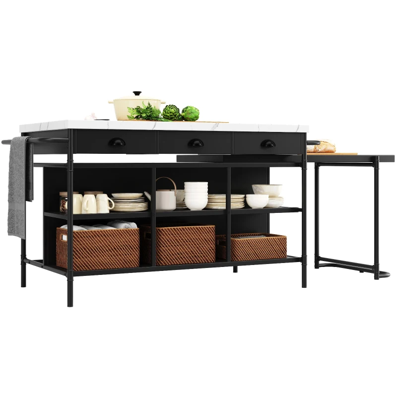 Îlot de cuisine avec espace de rangement et plateau extensible, design multifonctionnel, Noir+Blanc(m-7)
