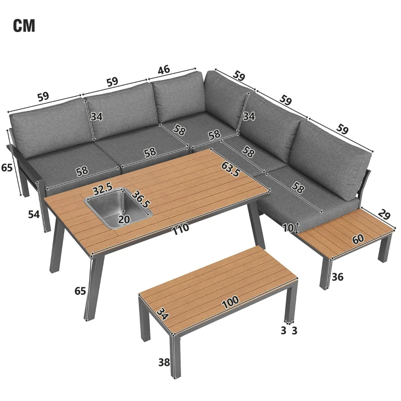Set da giardino per 6-7 persone, set di mobili da giardino moderno, Grigio