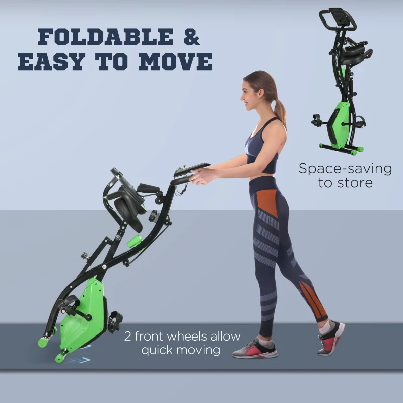 HOMCOM 2-in-1 Folding Exercise Bike with 8-Level Magnetic Resistance, Arm Resistance Band, Pulse Sensor, Green