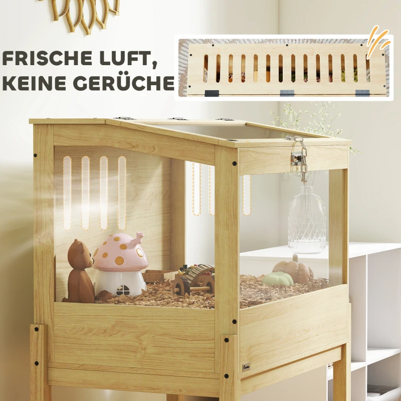 PawHut Klatka dla Chomików 2 Poziomy z Otwieranym Pokrywem, Duża 83,2 x 50 x 103 cm Naturalne Drewno