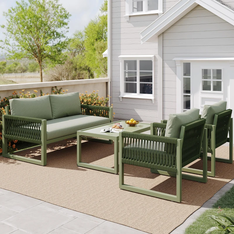 Ensemble de salon de jardin, ensemble de meubles de jardin moderne en 4 pièces en corde avec coussins de siège, Vert