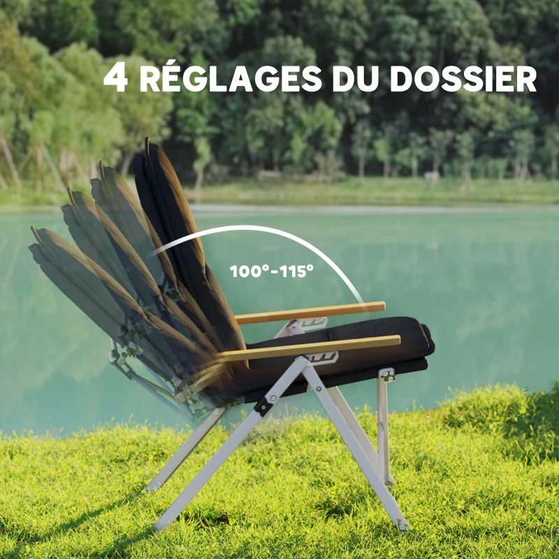 Outsunny Chaise de camping chaise de pêche pliante, dossier haut, coussin amovible et sac de transport, 59x67x96cm, noir