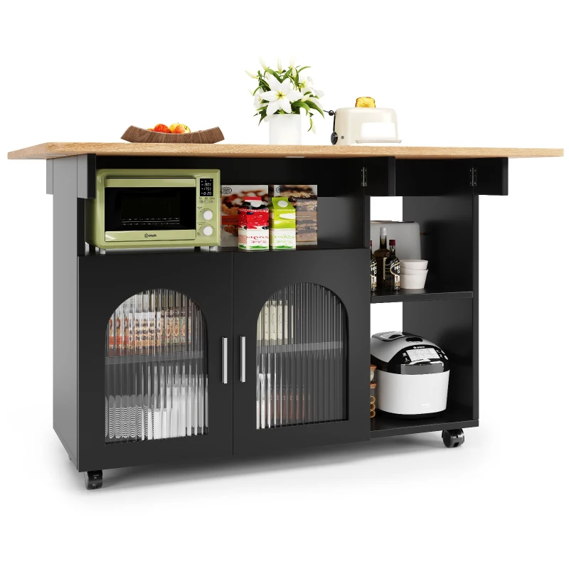 Îlot de cuisine moderne, chariot de service multifonctionnel avec espace de rangement et armoires à porte vitrée, 120×30×79,5 cm, Noir+Couleur naturelle
