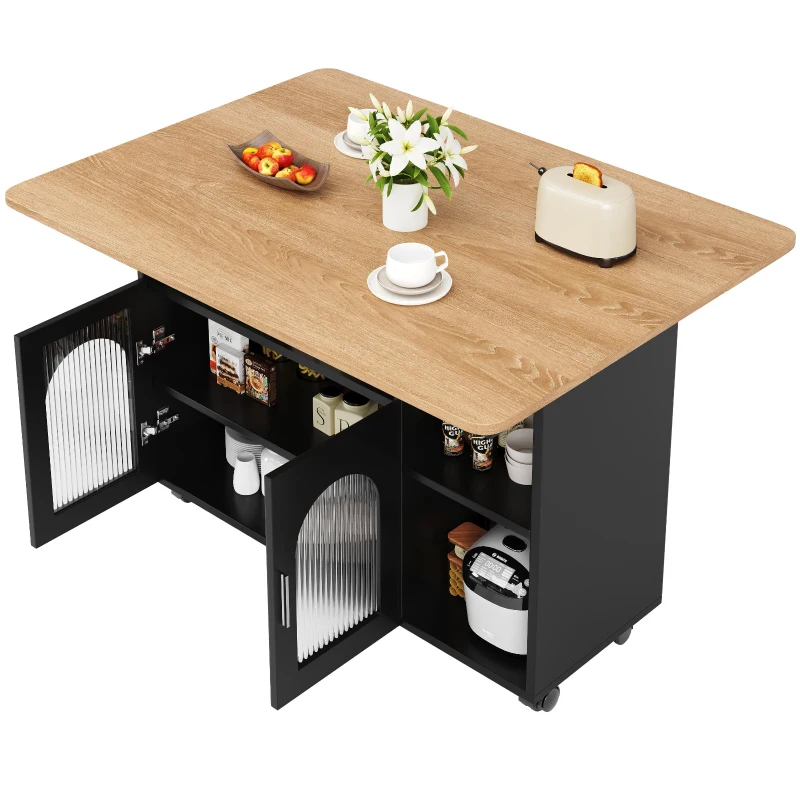 Îlot de cuisine moderne, chariot de service multifonctionnel avec espace de rangement et armoires à porte vitrée, 120×30×79,5 cm, Noir+Couleur naturelle