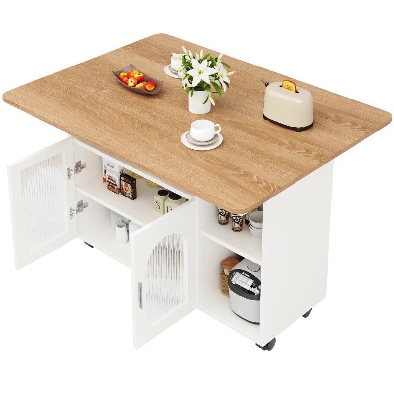 Îlot de cuisine moderne, chariot de service multifonctionnel avec espace de rangement et armoires à porte vitrée, 120×30×79,5 cm, Naturel, Argent + Gris, Blanc