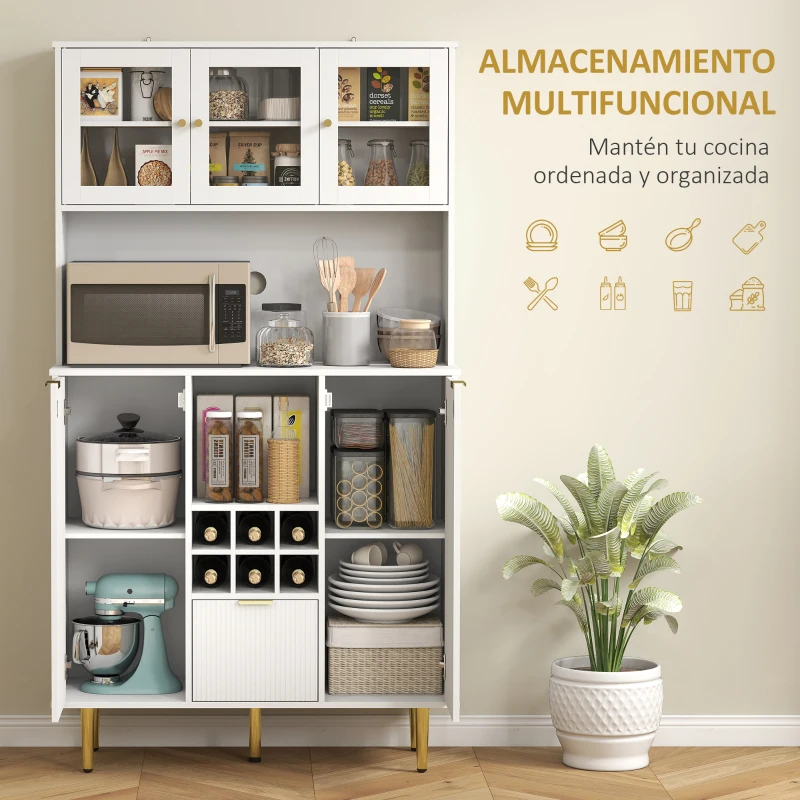 HOMCOM Alacena de Cocina Moderna con Armarios Cajón Botellero y Puertas de Vidrio y Estantes Ajustables 100x40x180 cm Blanco
