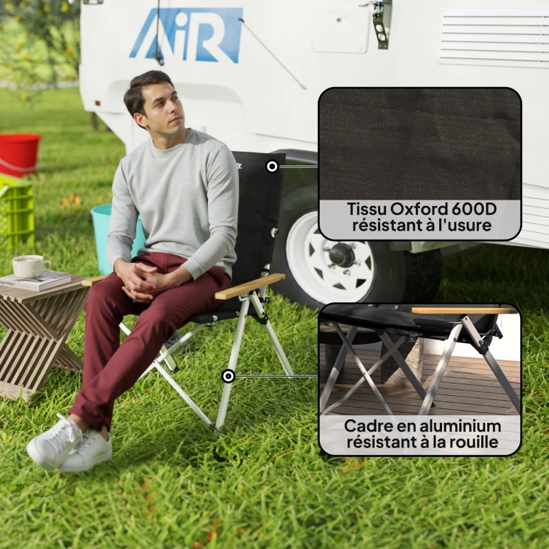 Outsunny Chaise de camping chaise de pêche pliante, dossier haut, coussin amovible et sac de transport, 59x67x96cm, noir