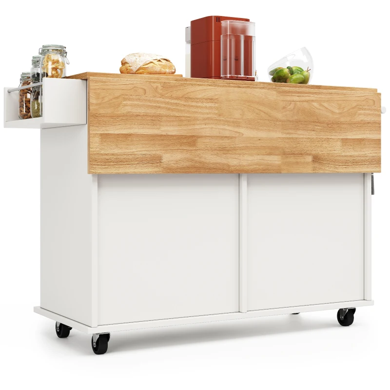 Îlot de cuisine moderne avec plan de travail rabattable, espace de rangement multifonctionnel et roulettes, 106×50×90,5 cm, Blanc