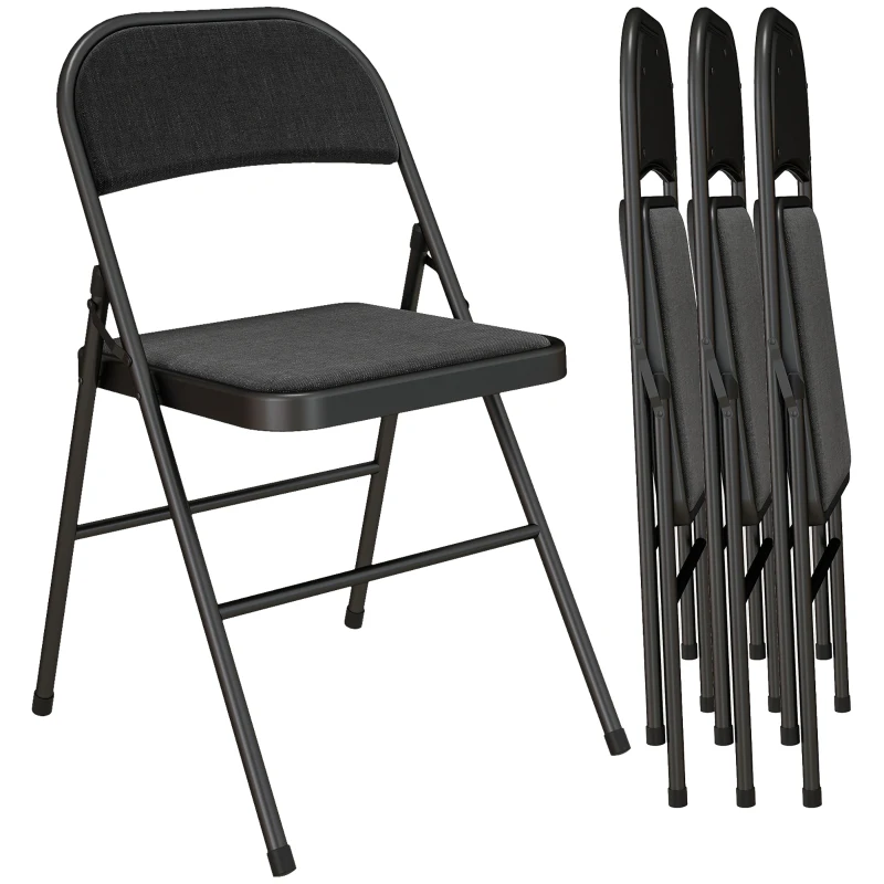 HOMCOM 4-delige Set Opklapbare Stoelen, Draagbare Kantoorstoelen, Metalen Poten, Opvouwbare Stoel voor Kantoor, Receptie, Wachtkamer, Linnen-Look, Zwart(m-10)