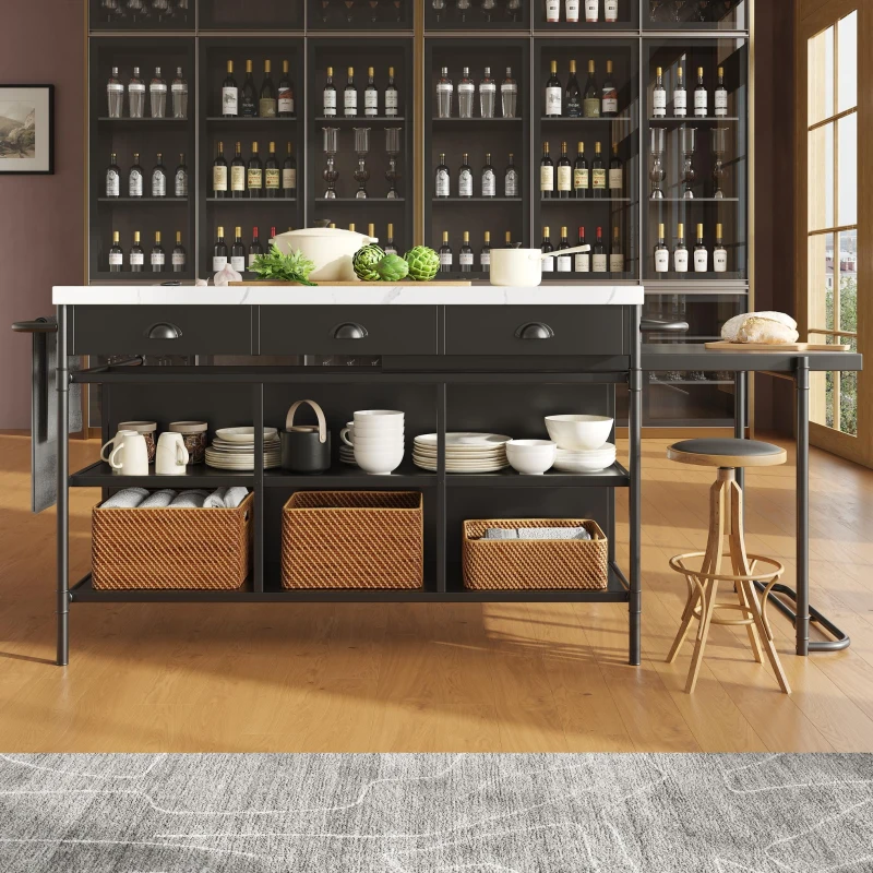 Îlot de cuisine avec espace de rangement et plateau extensible, design multifonctionnel, Noir+Blanc(m-4)