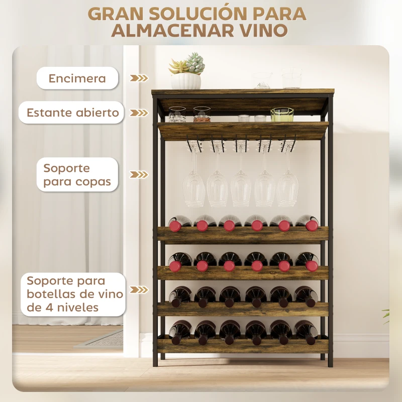 HOMCOM Botellero Vino para 24 Botellas con Soporte para Copas y Estante Abierto 66x30x100,3 cm Marrón Rústico
