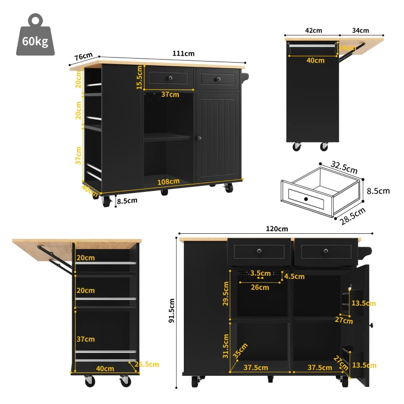 Insulă de bucătărie cu blat de lucru reglabil și spațiu de depozitare, Cărucior pliabil, 120x42x91,5 cm, Negru