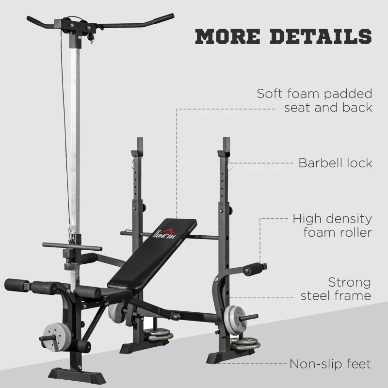 HOMCOM Adjustable Weight Bench with Pulley System, Incline Bench Press Set with Squat Rack, Leg Developer, Butterfly and Weight Storage, for Home Gym Full Body Workout