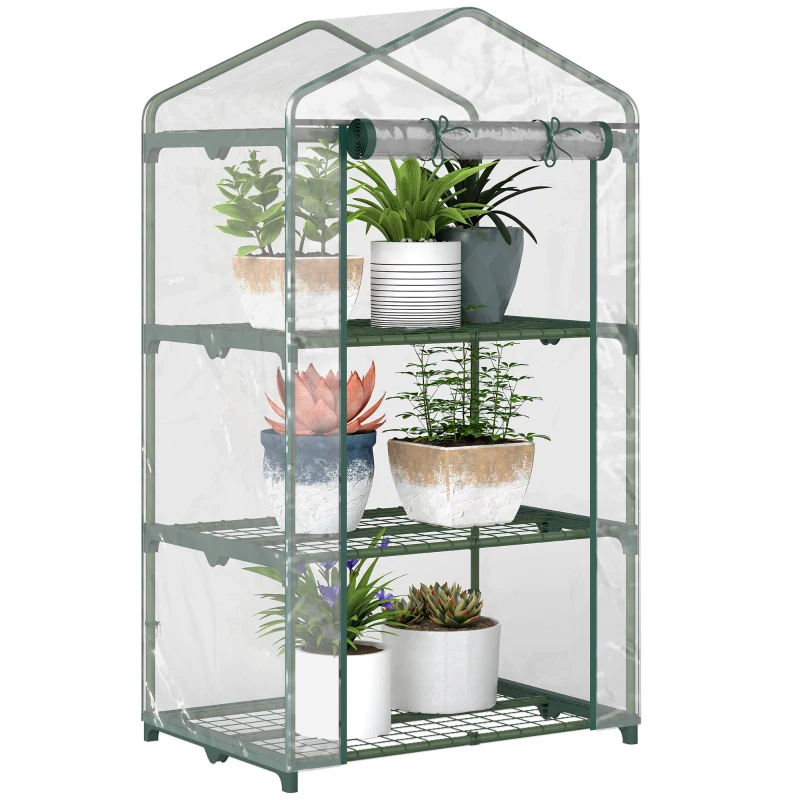 Outsunny 3 Tier Mini Greenhouse Portable Garden Grow House with Roll Up Door and Wire Shelves, 69L x 49W x 125H cm, Clear