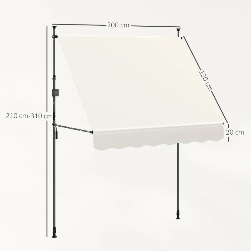 Outsunny Toldo Manual Retráctil 2x1,2 m Toldo Exterior Enrolável Altura Ajustável com Manivela 210-310 cm Proteção UV30+ Creme